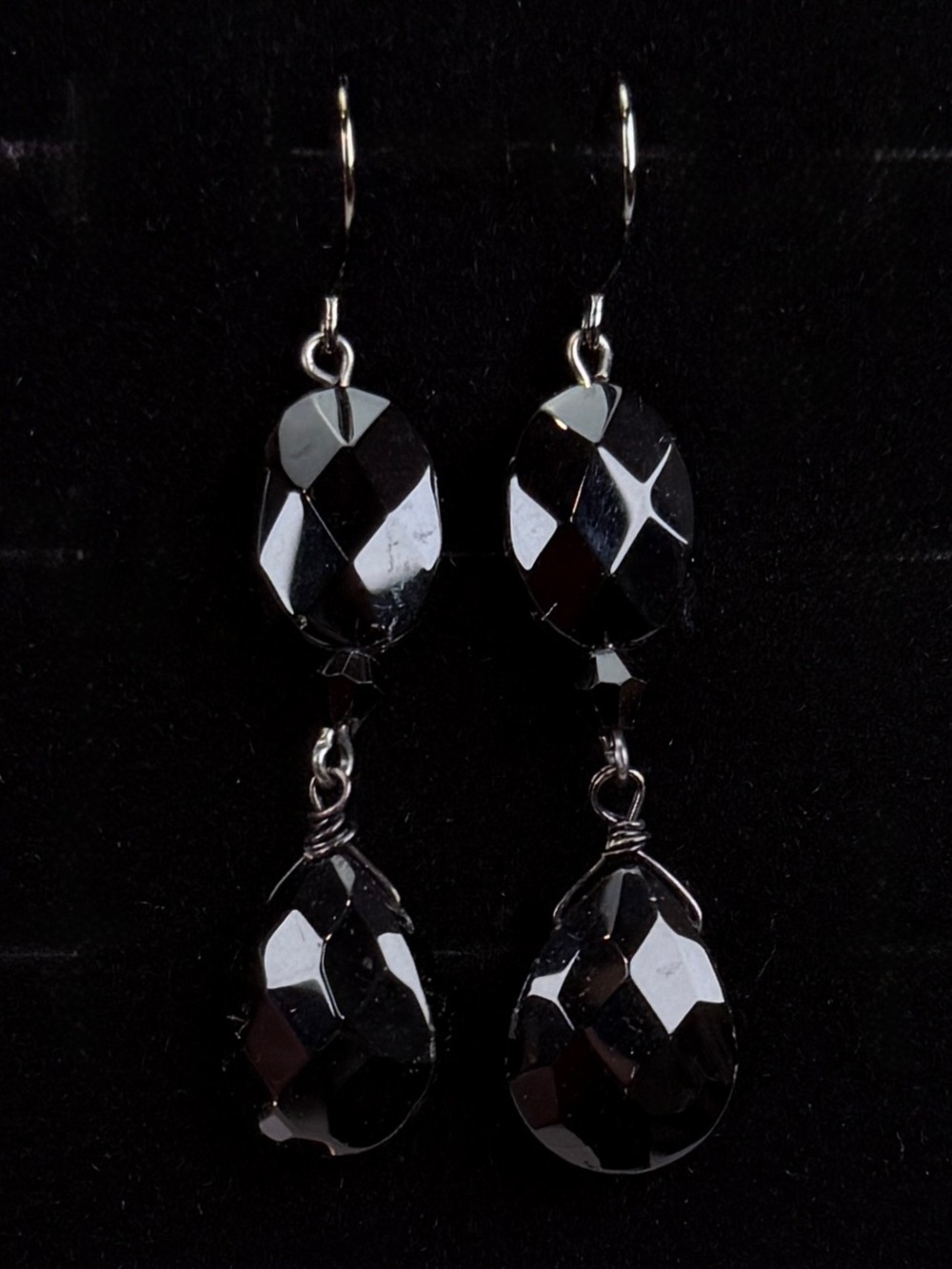 Beautiful dressy black beaded gunmetal long pierced earrings